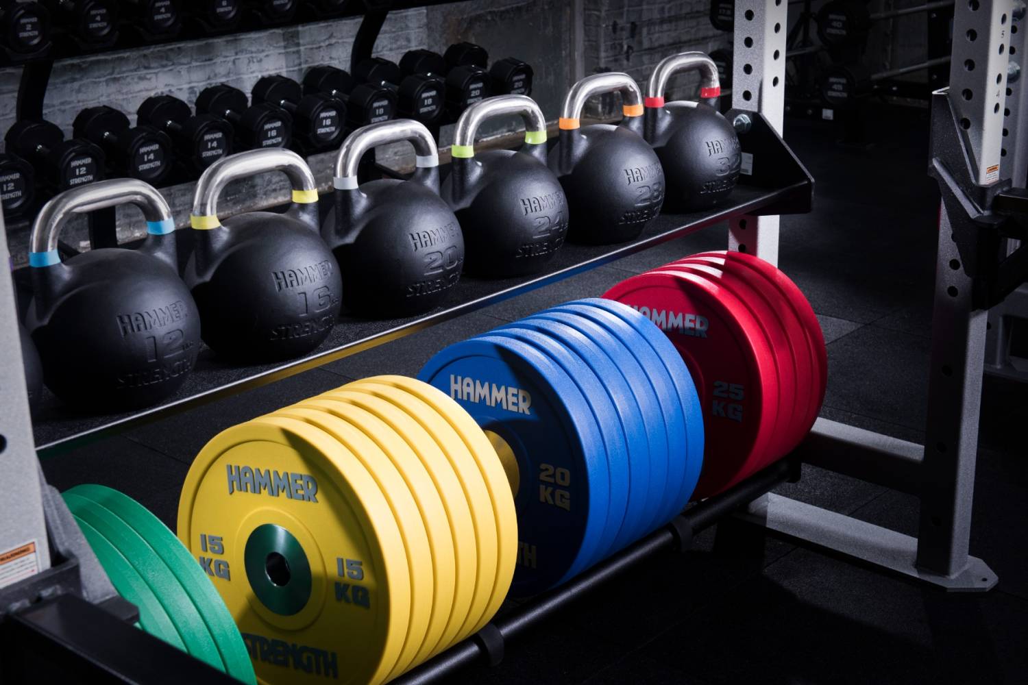 A close up shot of various weights from the brand Hammer Strength